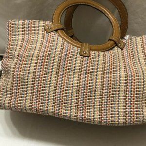 FOSSIL Brown Coated Straw Satchel Shoulder Bag Purse Tote Wicker timeless